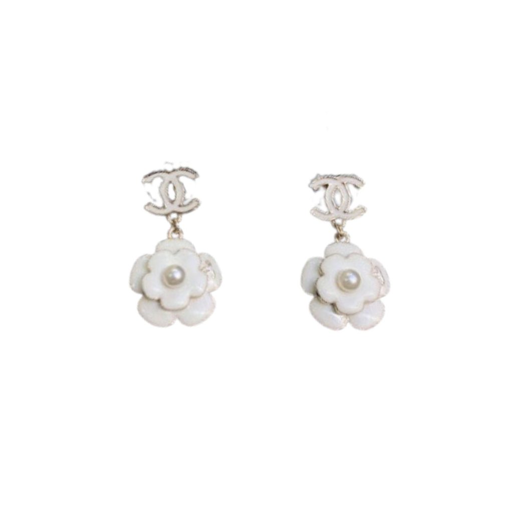 White Camellia Flower Earrings Gold Tone For Women