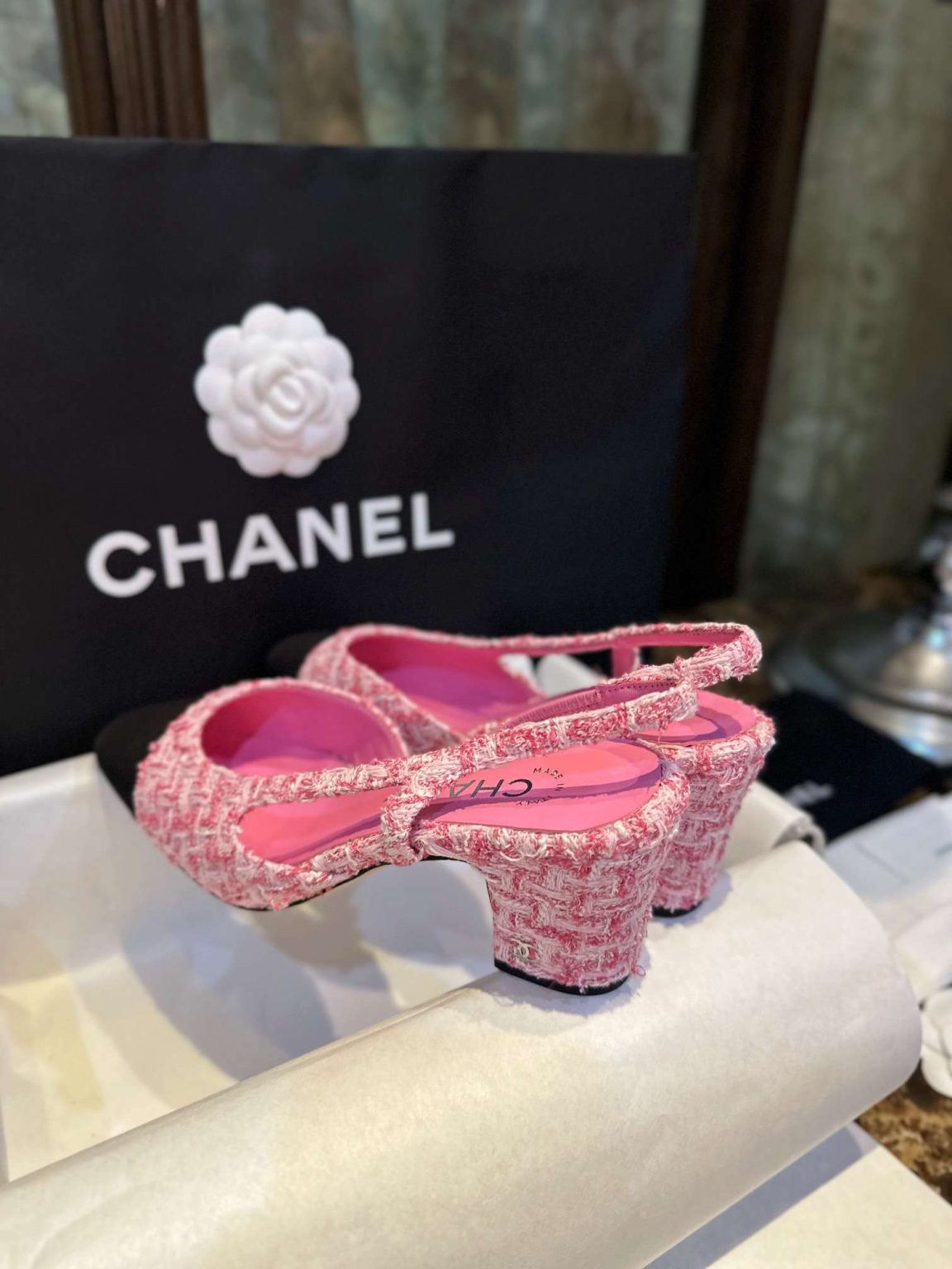 Chanel Woolen High Heel Slingback Sandals Pink For Women