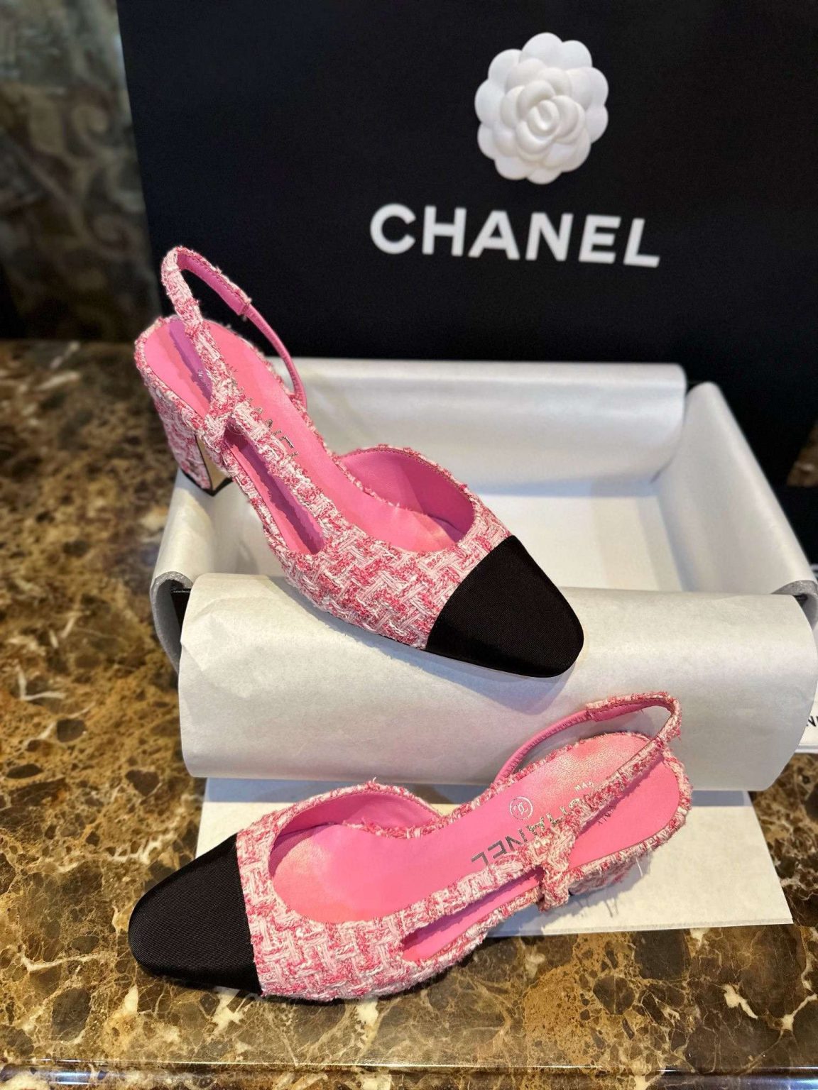 Chanel Woolen High Heel Slingback Sandals Pink For Women