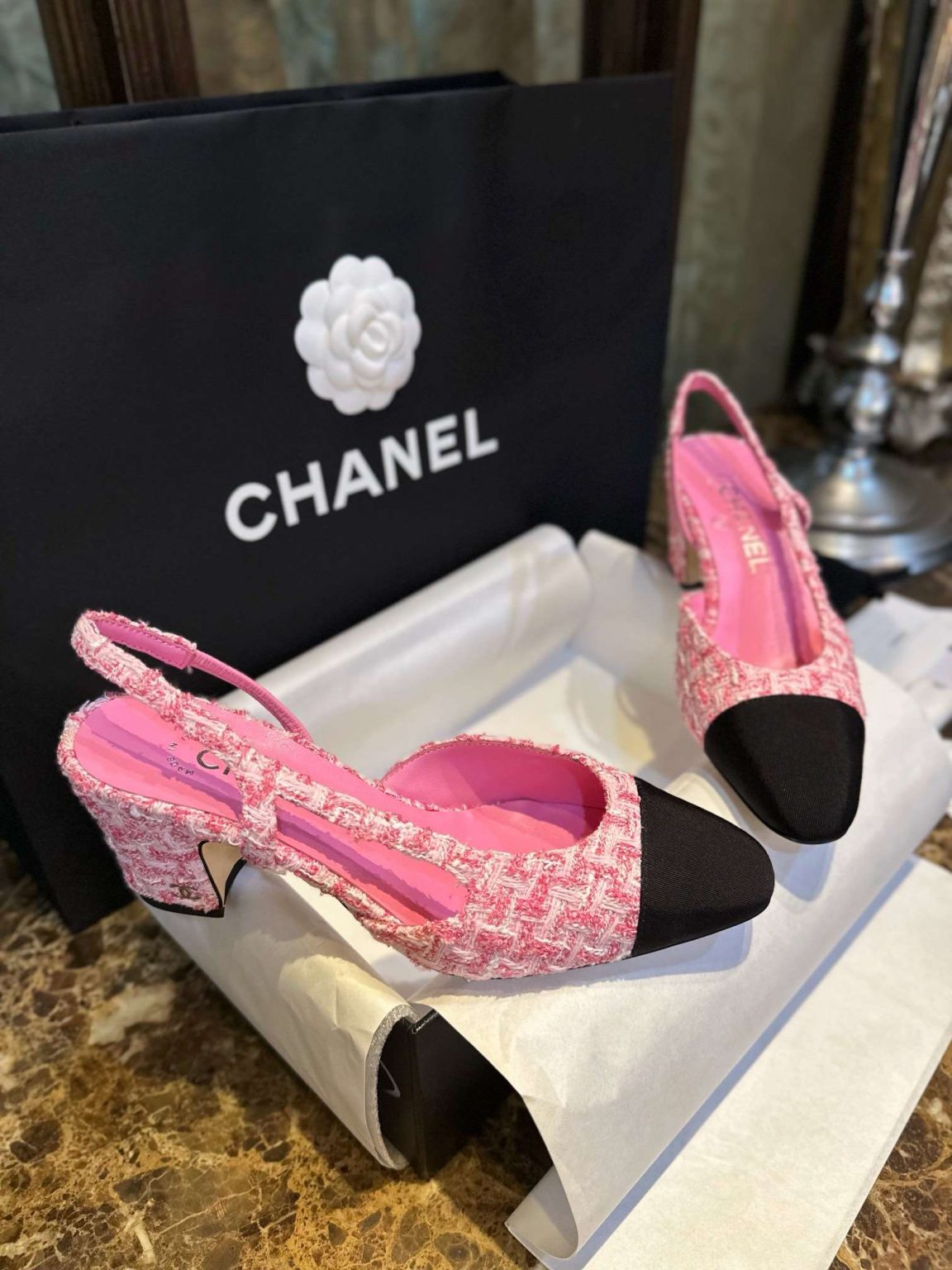 Chanel Woolen High Heel Slingback Sandals Pink For Women