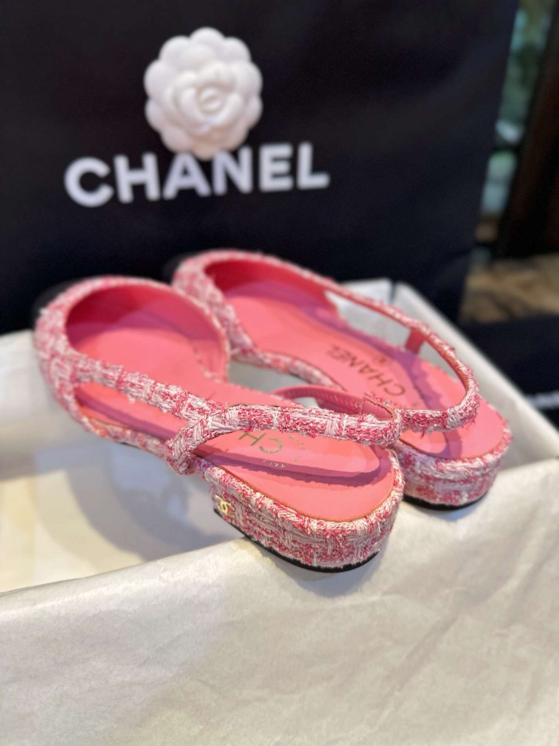 Chanel Woolen Lat Lace Up Sandals Pink For Women