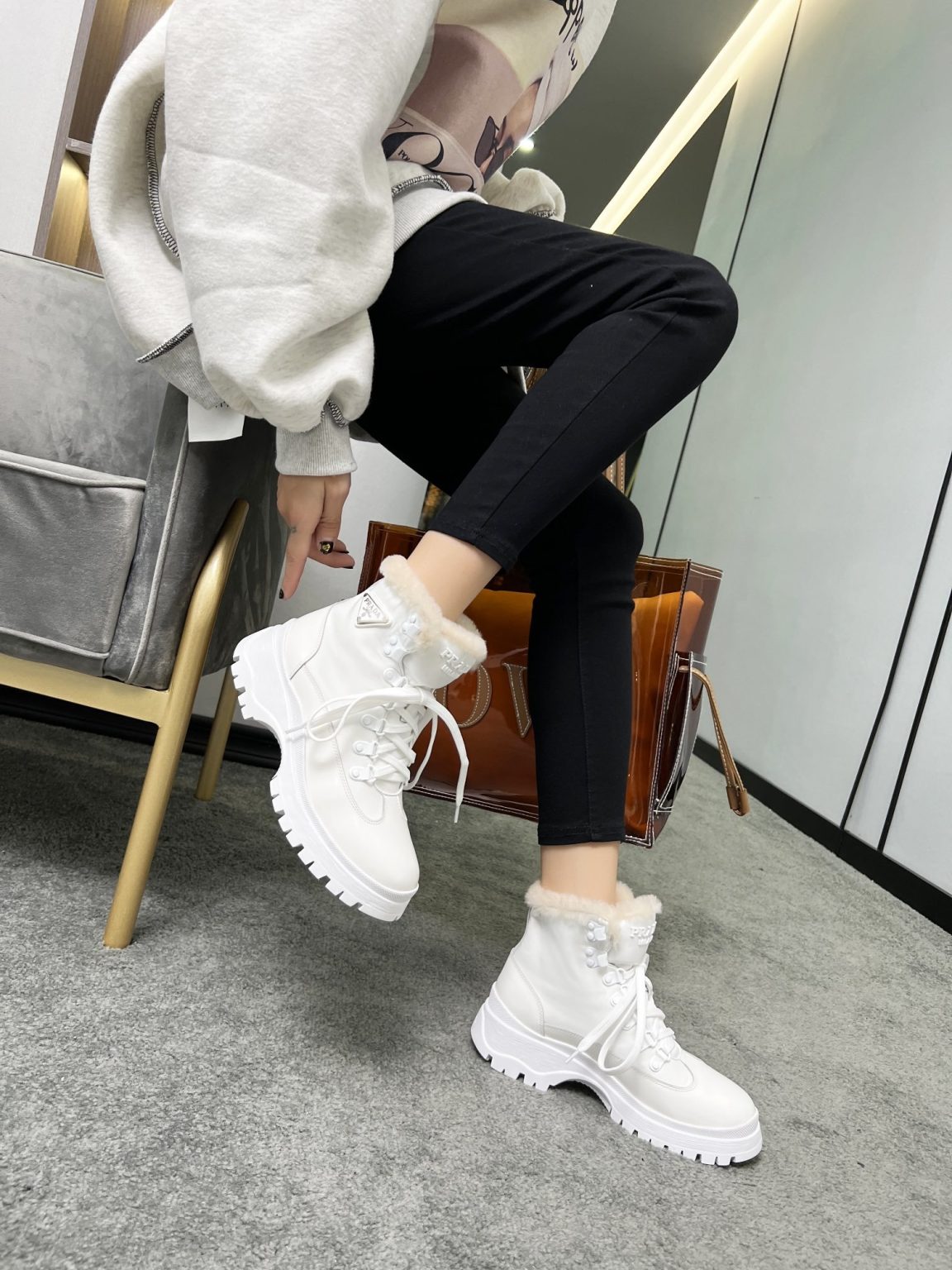 Prada Shearling High-Top Sneakers White For Women PRD