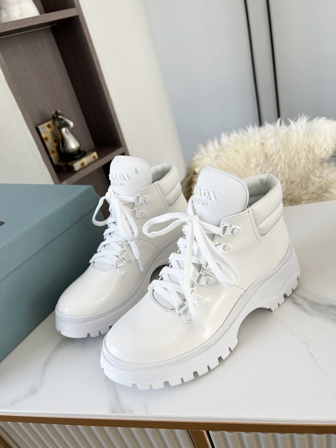 Prada Shearling High-Top Sneakers White For Women PRD