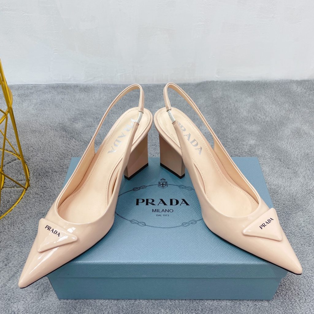 Prada Patent Sling-Back Pumps Beige For Women 3.5in/90mm PRD