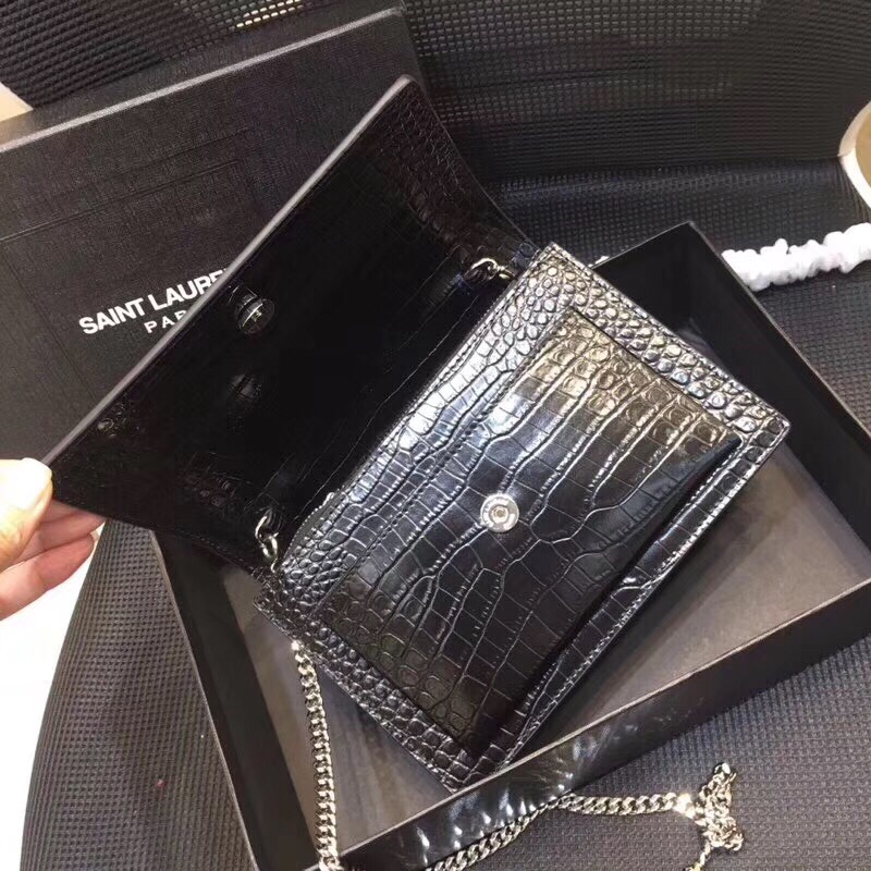 Saint Laurent Sunset Chain Wallet  In-Embossed Black For Women 8.2in/21cm YSL