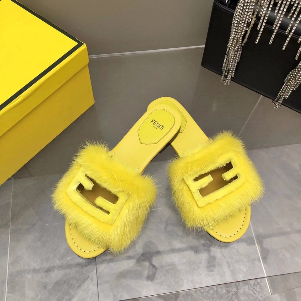 Fendi Signature Yellow Mink Slides For Women