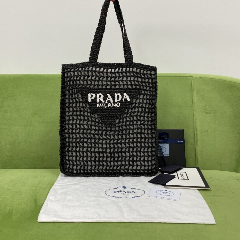 Prada Raffia Tote Bag Black For Women, Women’s Bags 14.9in/38cm 1BG393_2A2T_F0002_V_OOO