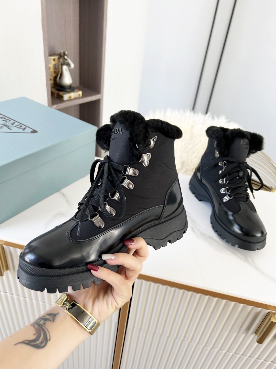 Prada Shearling High-Top Sneakers Black For Women PRD