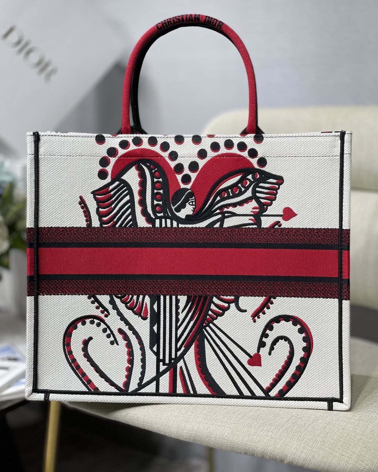 Christian Dior Medium Dior Book Tote Latte Multicolor Cupidon Embroidery, Red/White, For Women Women’s Handbags, 41cm CD M1296ZTQG_M941