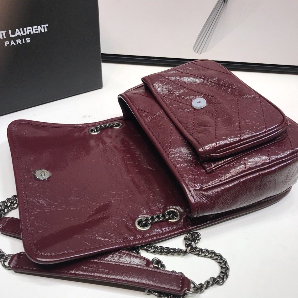 Saint Laurent Niki Baby Chain Bag In Crinkled Vintage  Burgundy For Women 8.2in/21cm YSL 6331600EN046475