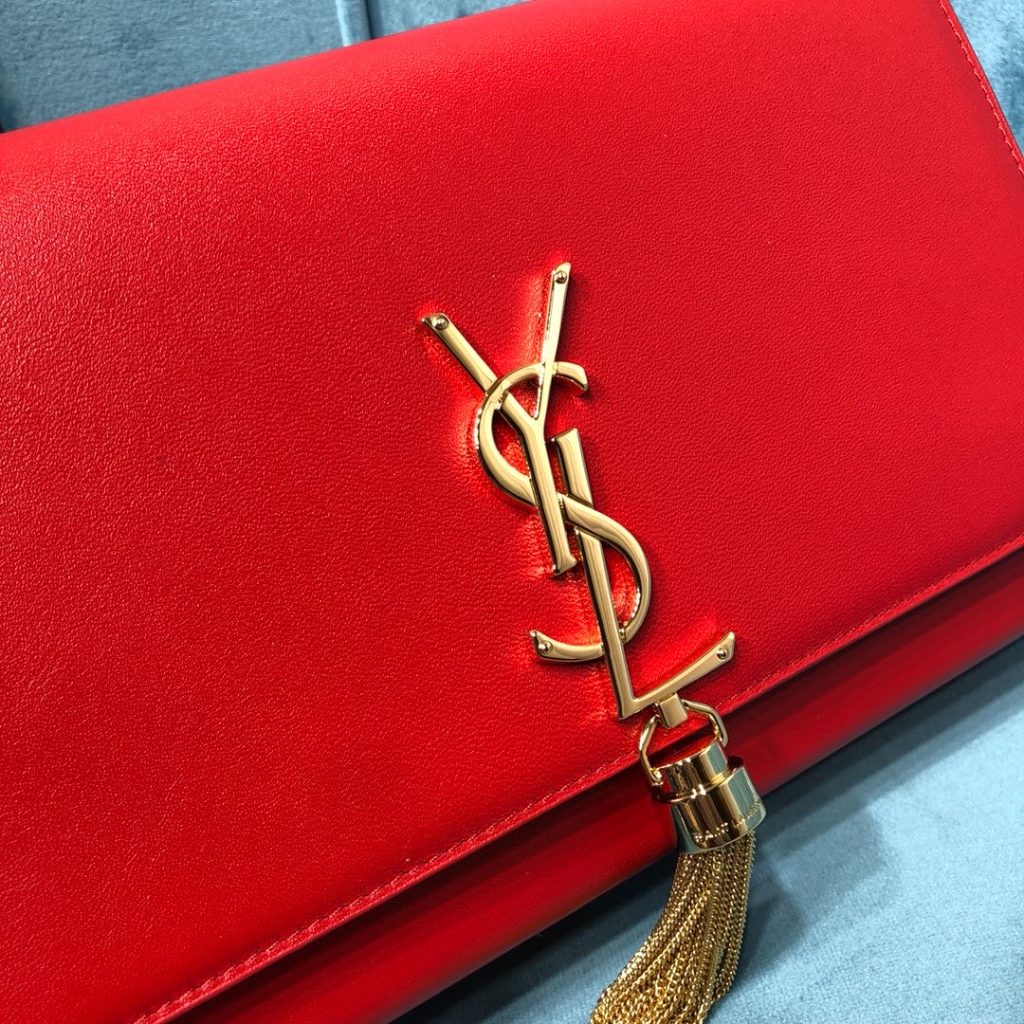 Saint Laurent Kate Medium Chain Bag With Tassel In Grain De Poudre Red For Women 9.4in/24cm YSL