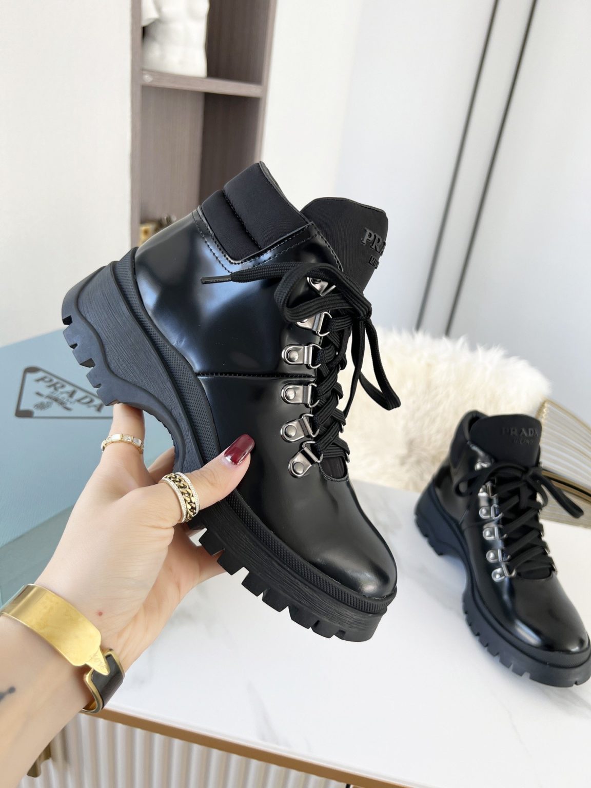 Prada Shearling High-Top Sneakers Black For Women PRD