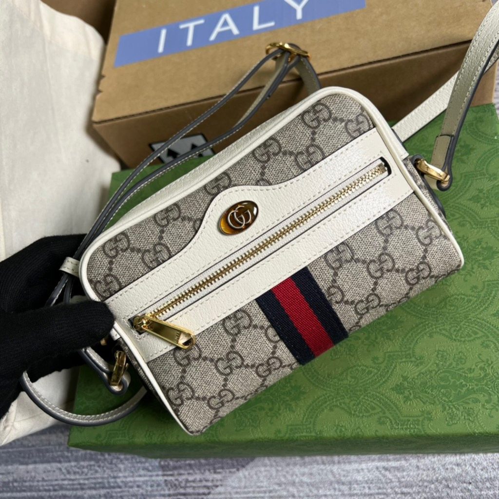 Gucci Ophidia Mini GG Bag Beige And Ebony GG Supreme Canvas, With White For Women  7in/17.5cm GG 517350 96IWS 9794