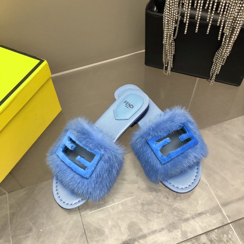 Fendi Signature Blue Mink Slides For Women