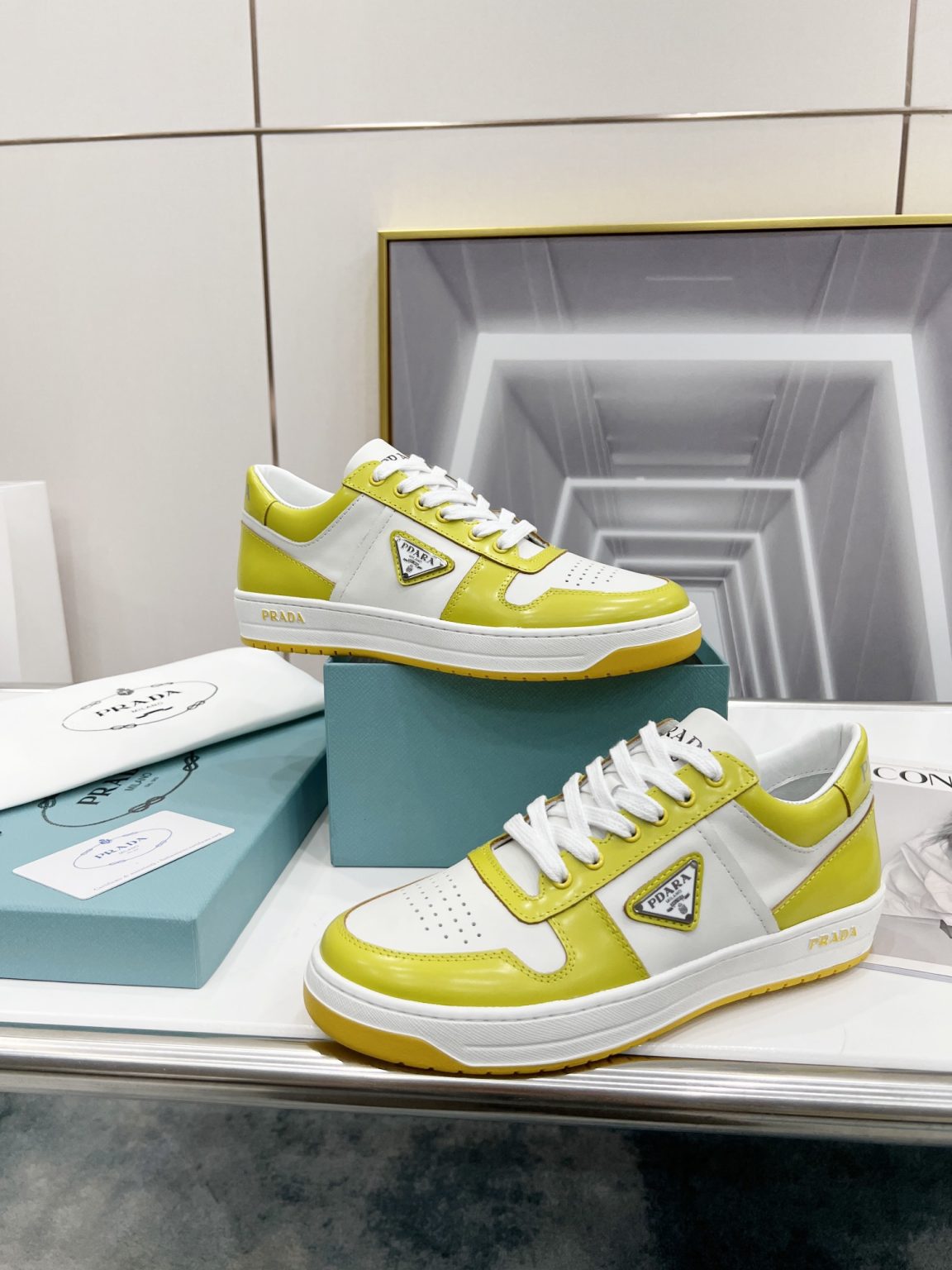 Prada Downtown Perforated Sneakers Yellow/White For Women 1.2in/30mm PRD 2EE364_3LKG_F0A7U