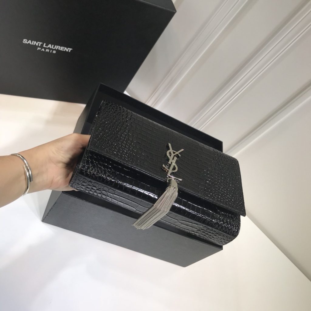 Saint Laurent Kate Medium Chain Bag With Tassel In Embossed Crocodile Black For Women 9.4in/24cm YSL 354119DND0N1000