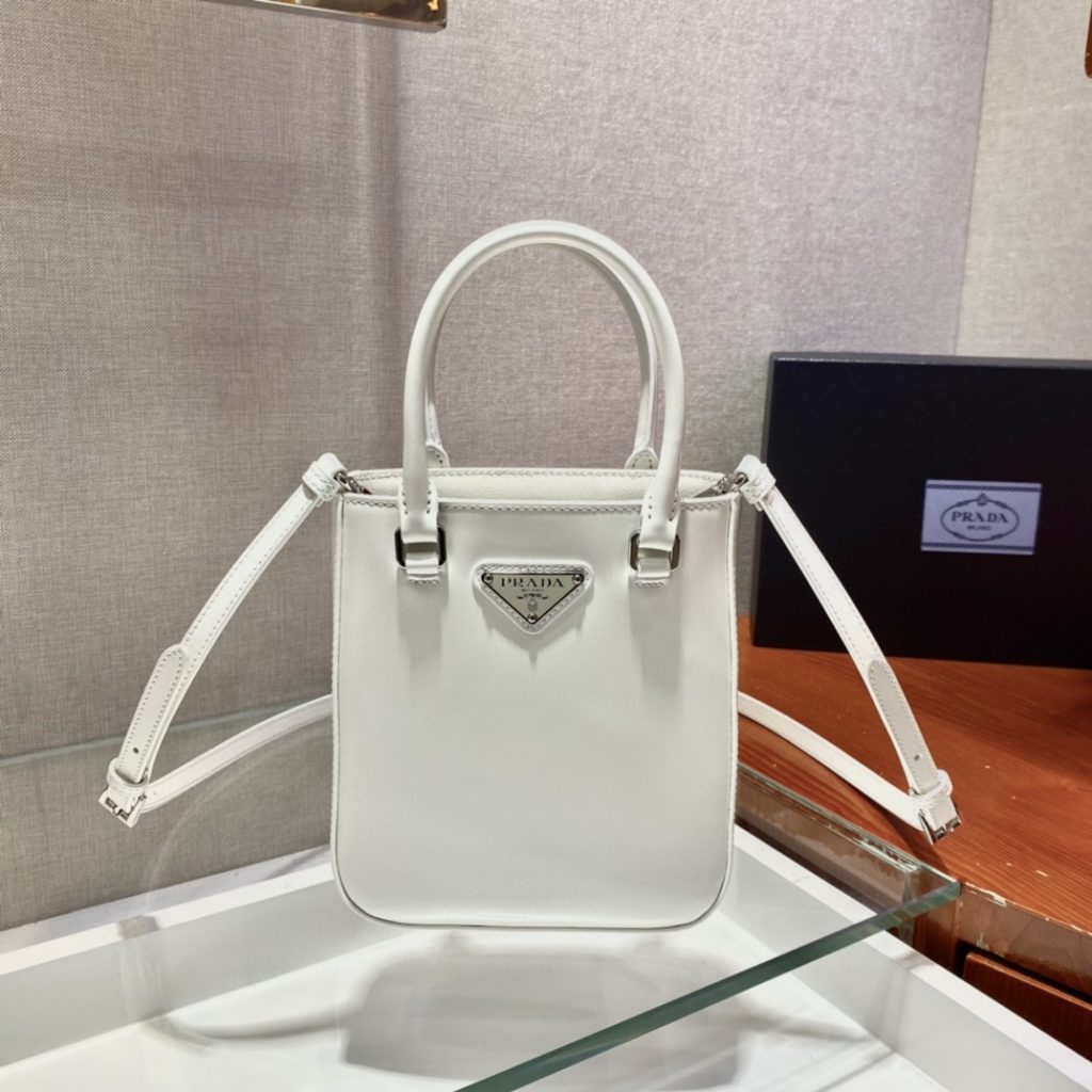 Prada Small Brushed Tote White For Women, Women’s Bags 6.9in/18cm 1BA331_ZO6_F0009_V_OOO