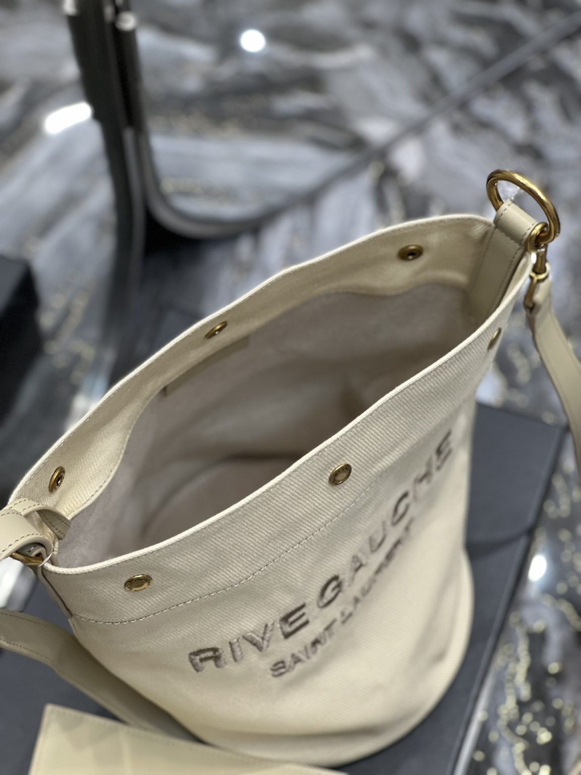 Saint Laurent Rive Gauche Bucket Bag Beige For Women, Women’s Bags 12.2in/31cm YSL