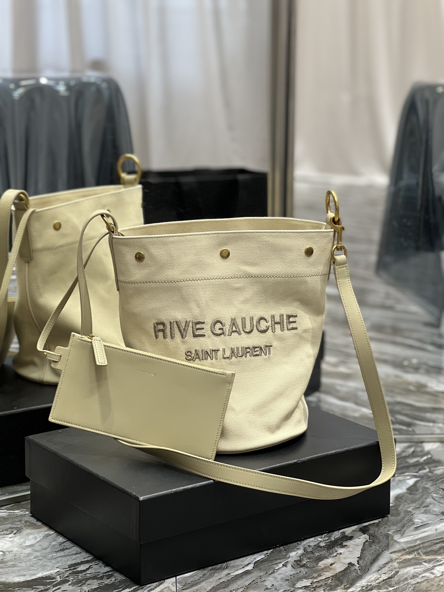 Saint Laurent Rive Gauche Bucket Bag Beige For Women, Women’s Bags 12.2in/31cm YSL