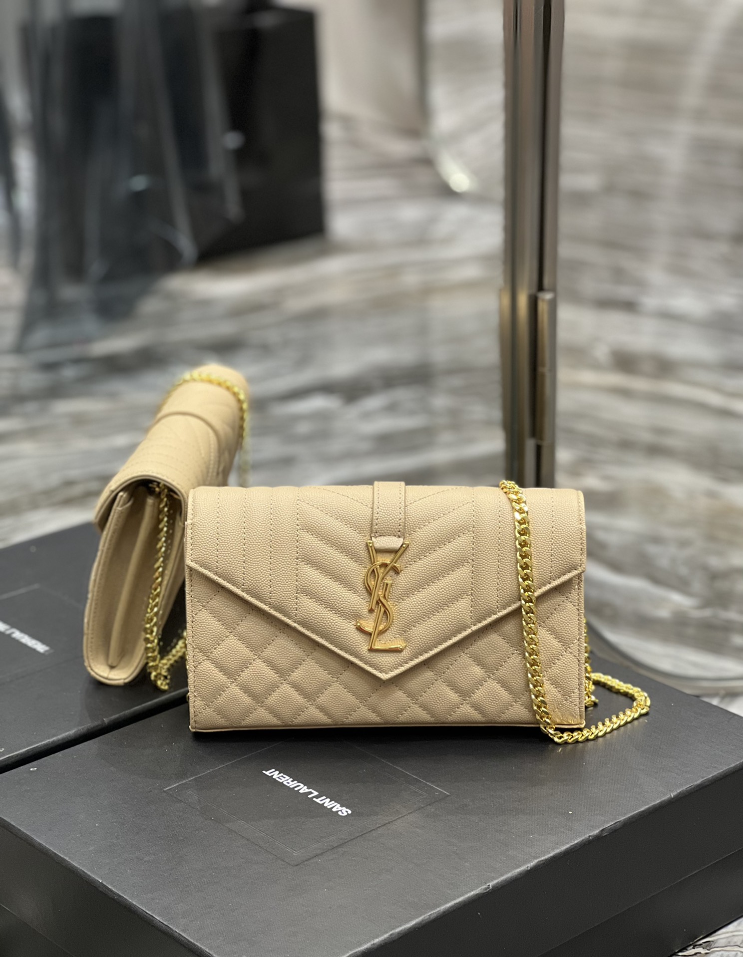 Saint Laurent Envelope Small Chain Bag Beige For Women, Women’s Bags 8.6in/22cm YSL