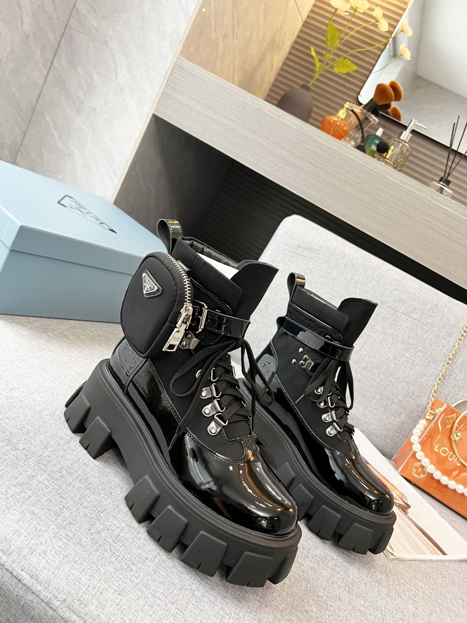 Prada Monolith And Nylon Fabric Boots Shiny Black For Women PRD