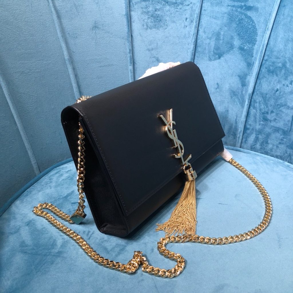 Saint Laurent Kate Medium Chain Bag With Tassel In Grain De Poudre Black For Women 9.4in/24cm YSL 354119BOW0J1000