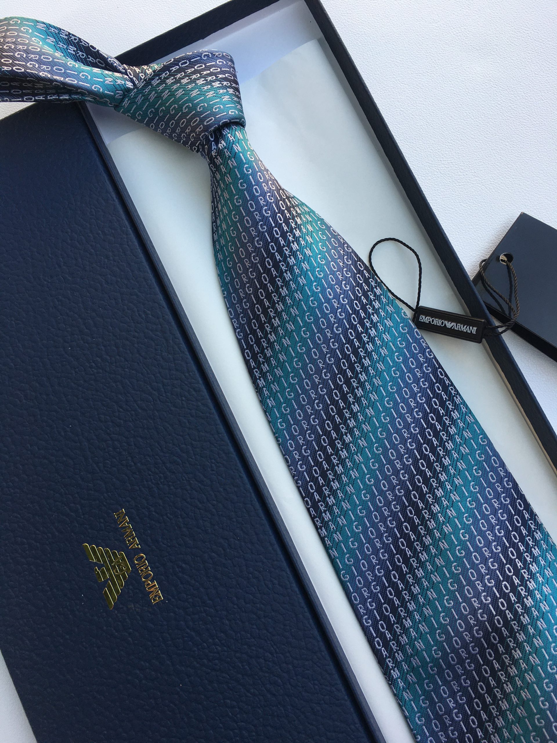 Armani Tie With Embroidered Text Blue Armani Men Tie