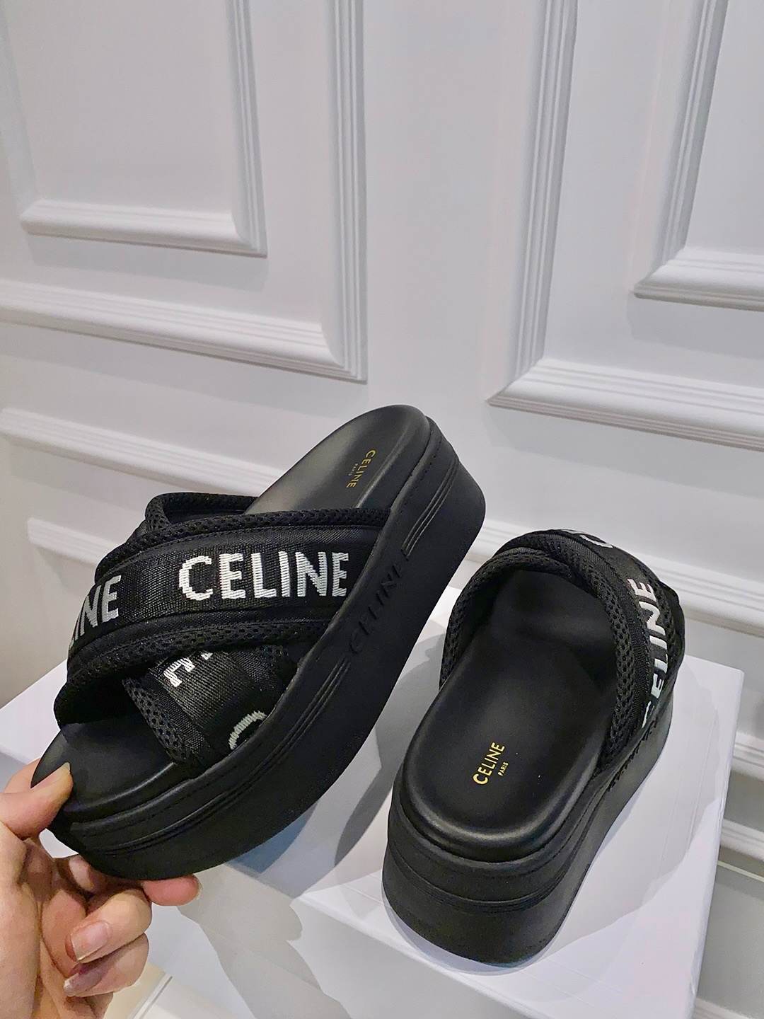 Celine Block Slide In Mesh And Textile With Celine Jacquard Black For Women 354412276C.38AB