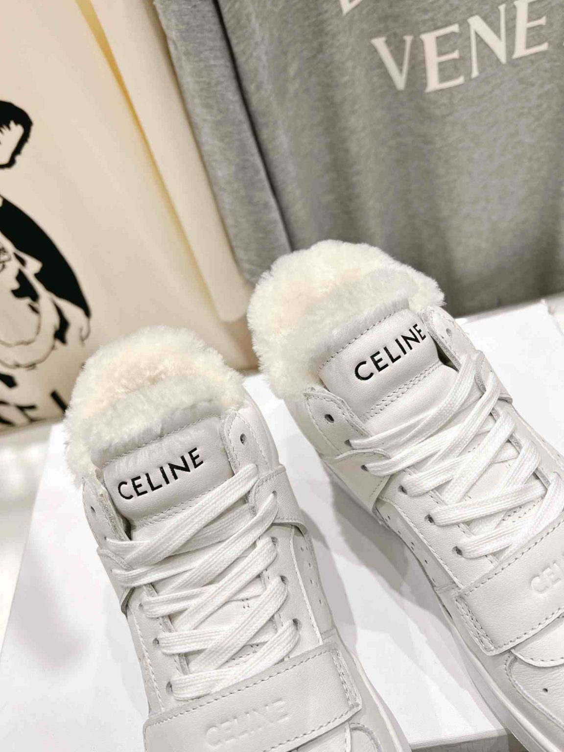 Celine Block Sneakers With Wedge Outsole With Fur White For Women