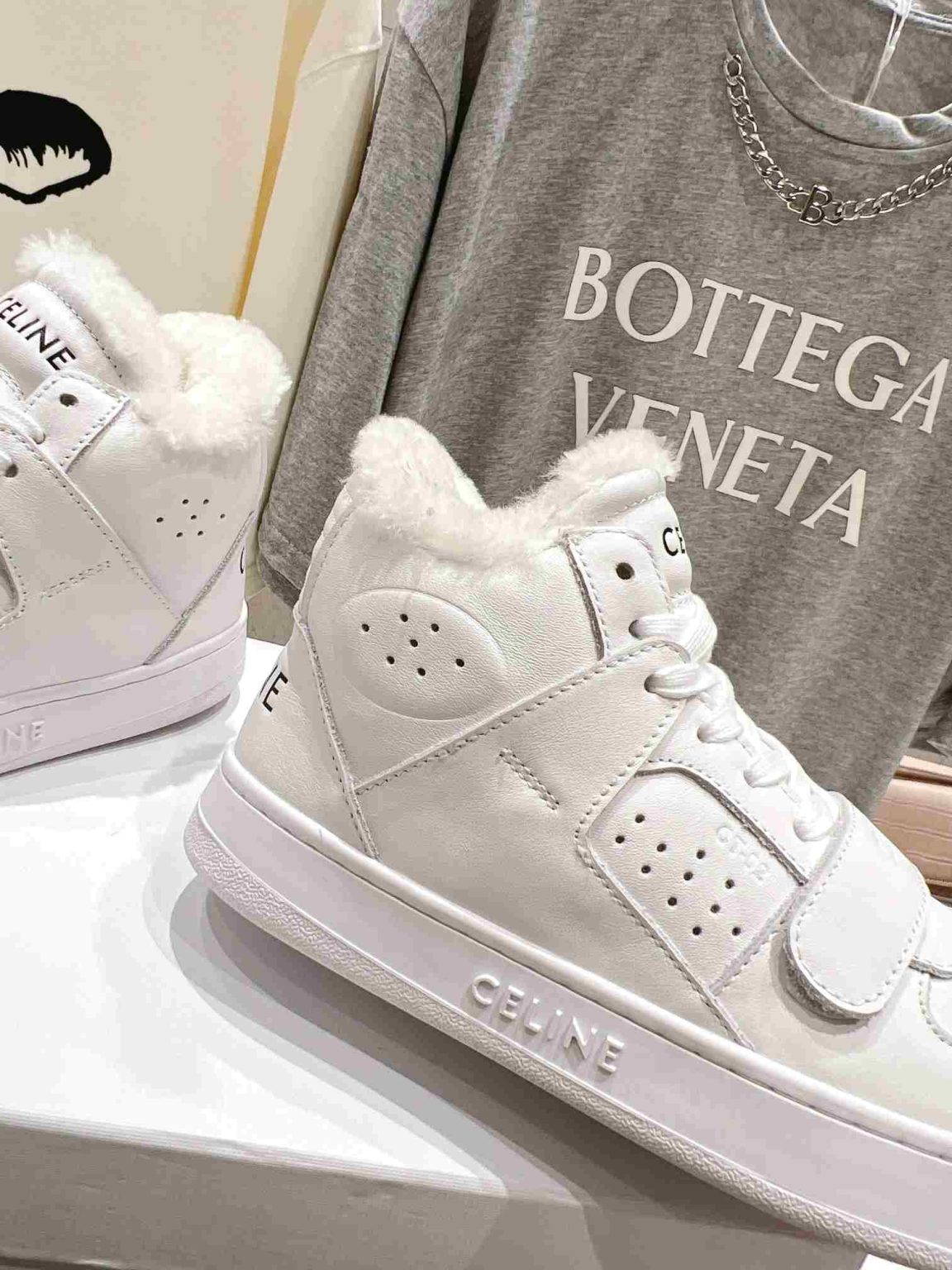 Celine Block Sneakers With Wedge Outsole With Fur White For Women