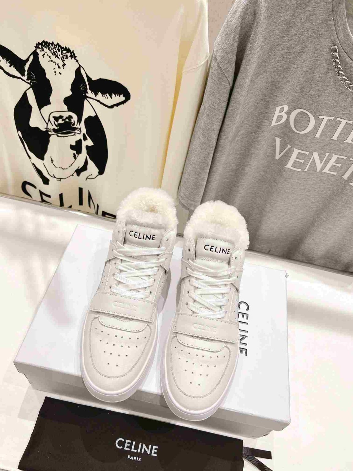 Celine Block Sneakers With Wedge Outsole With Fur White For Women