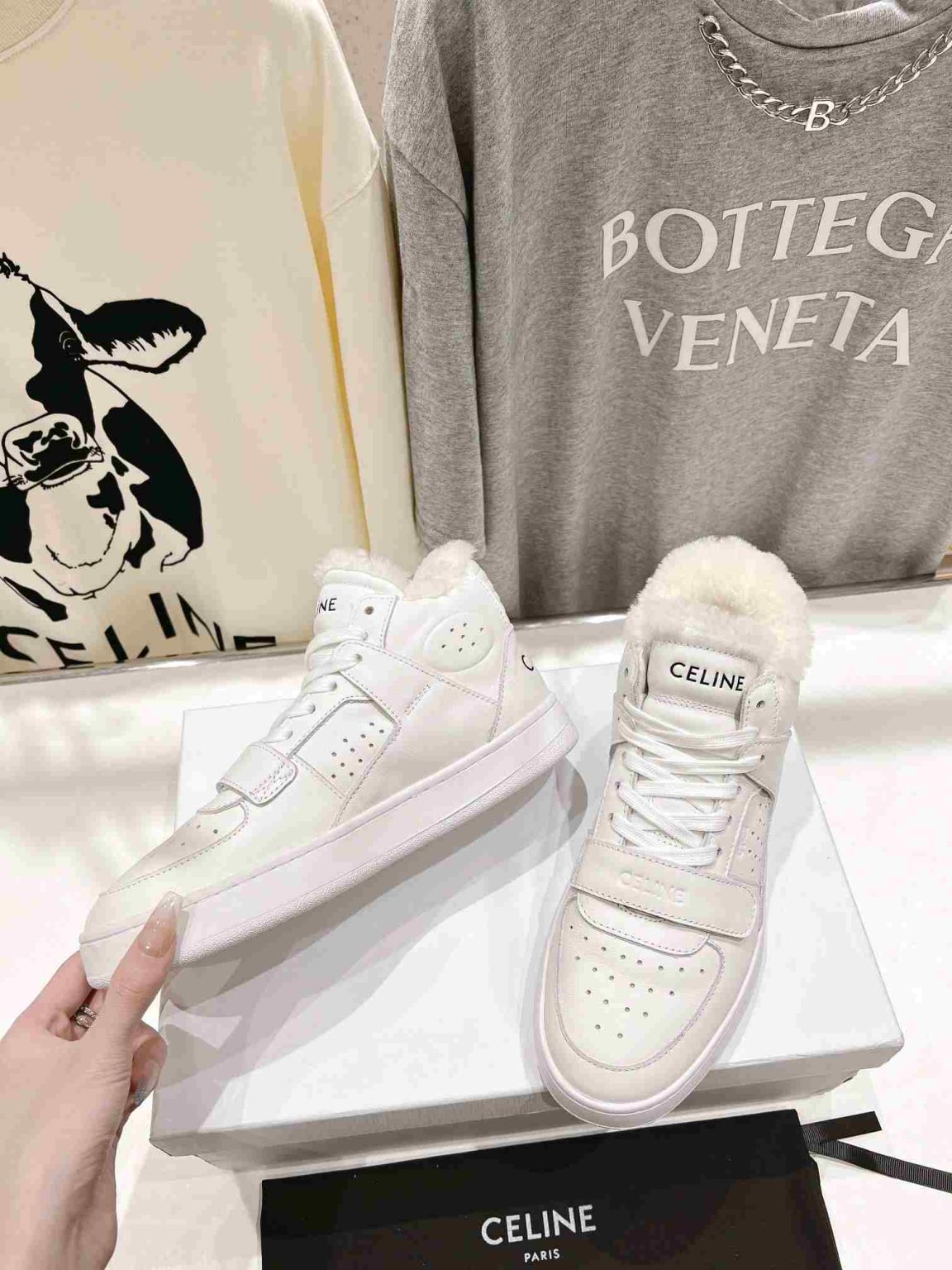 Celine Block Sneakers With Wedge Outsole With Fur White For Women