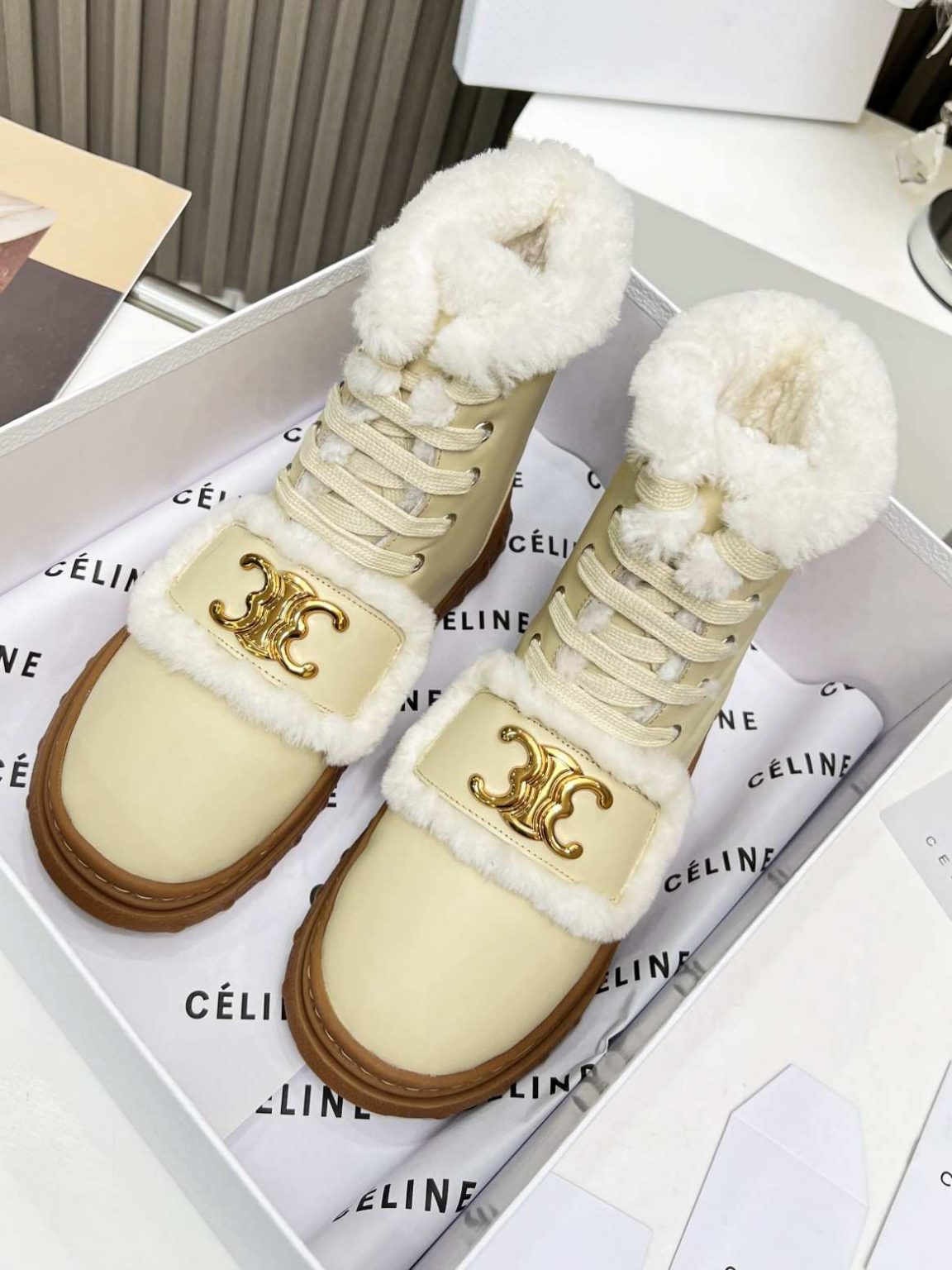 Celine Boot With Fur Beige For Women