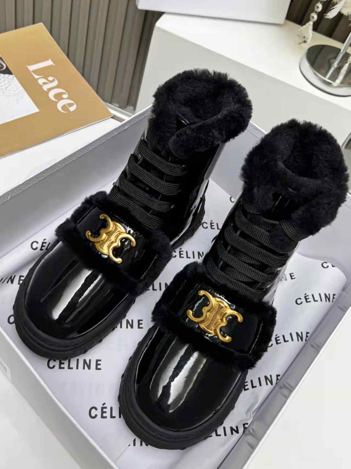 Celine Boot With Fur Light Black For Women