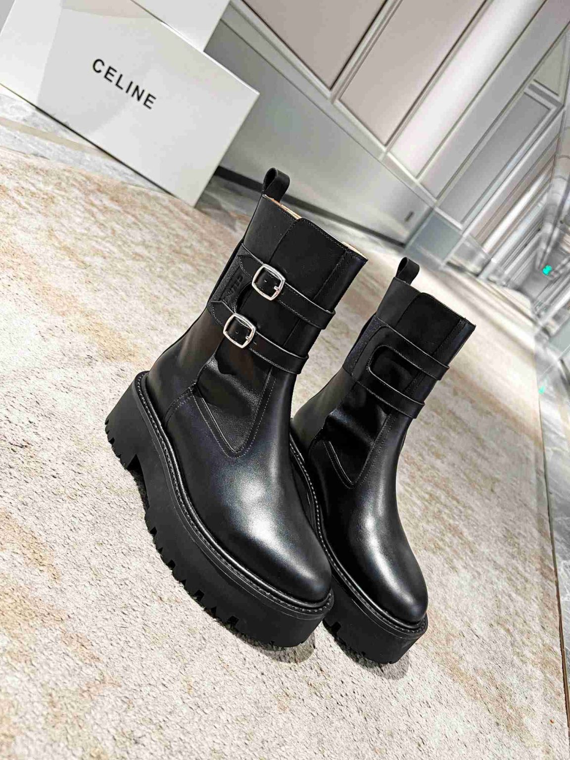 Celine Bulky Buckled Medium Boot Black For Women 346513607C.38NO