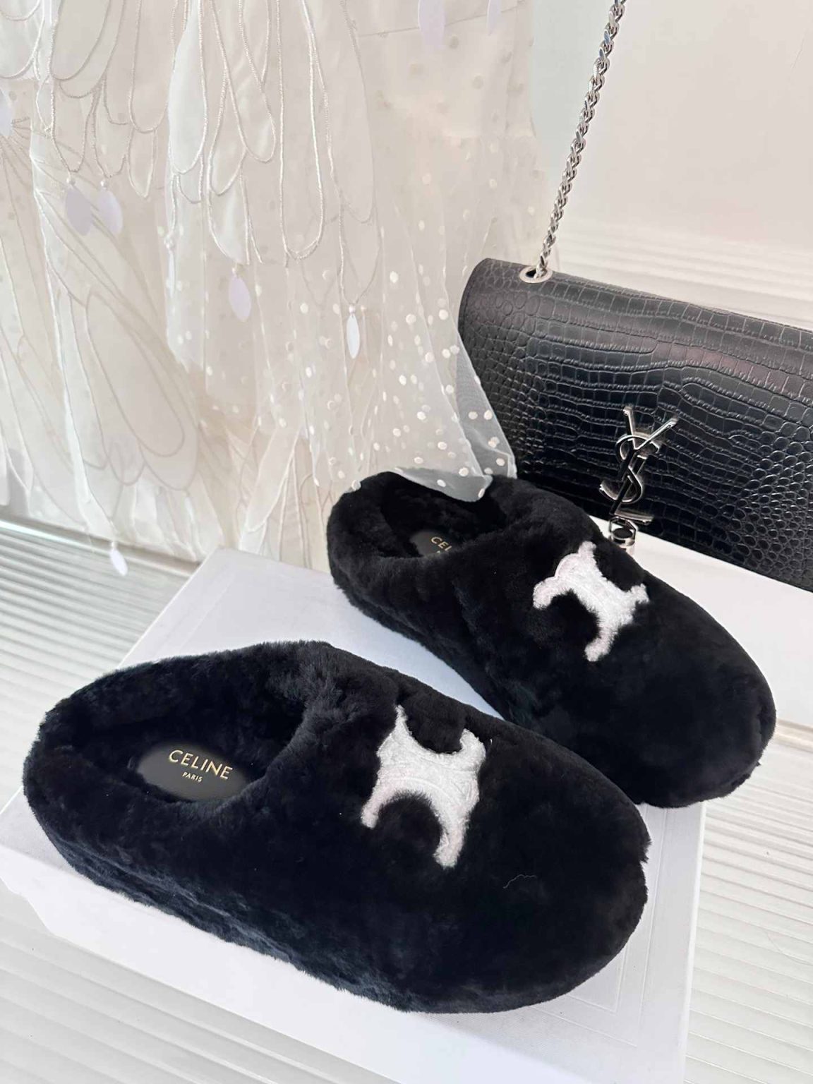 Celine Celine Fur Mule In Shearling Black For Women