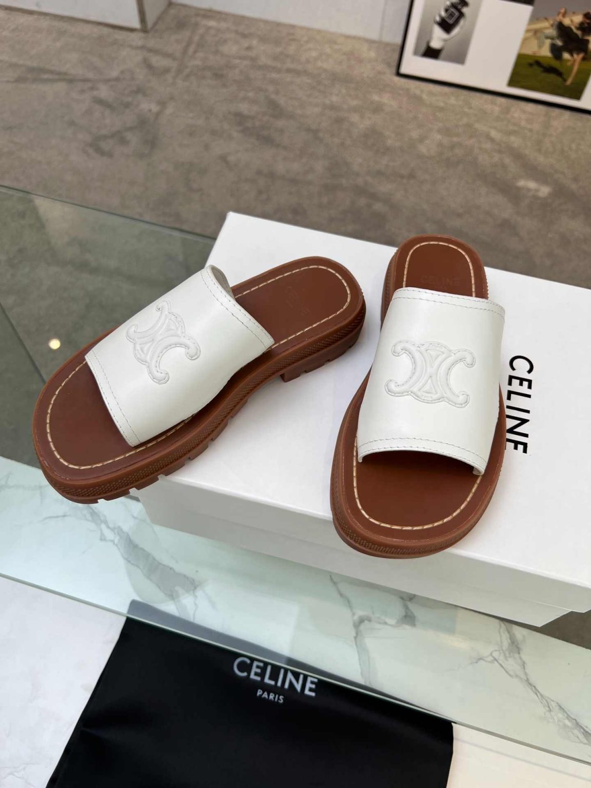 Celine Clea Triomphe Slide White For Women