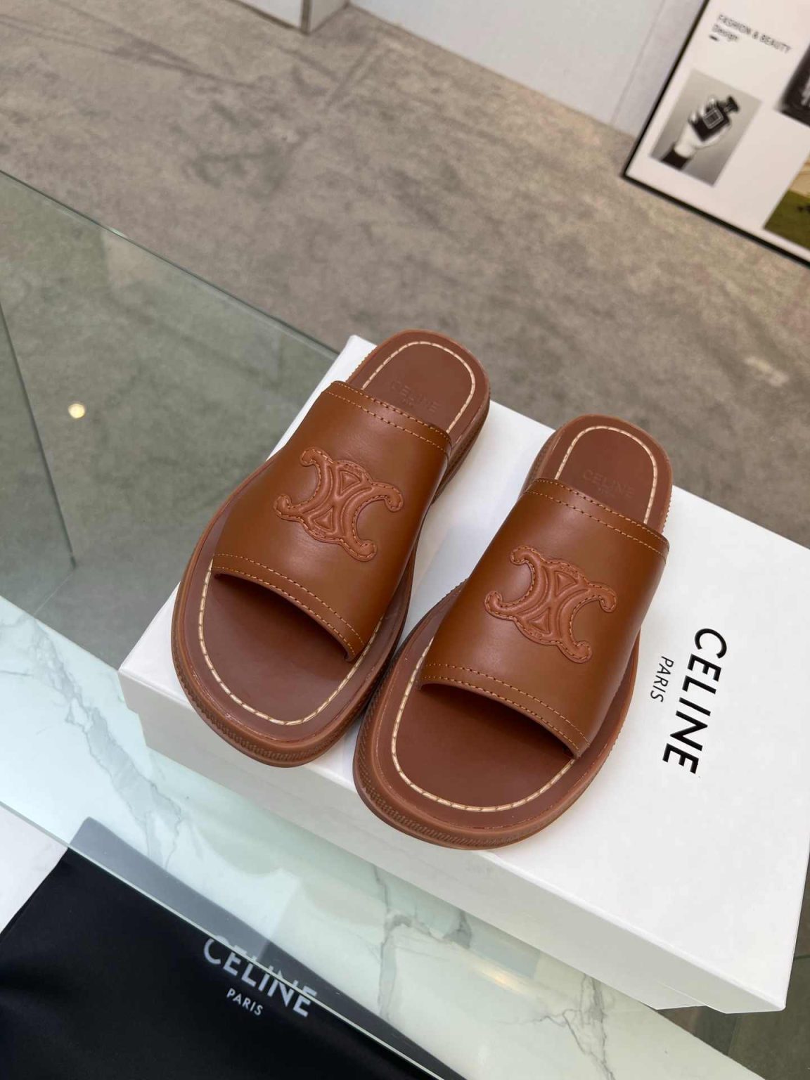 Celine Clea Triomphe Slide Brown For Women 348513778C.04LU