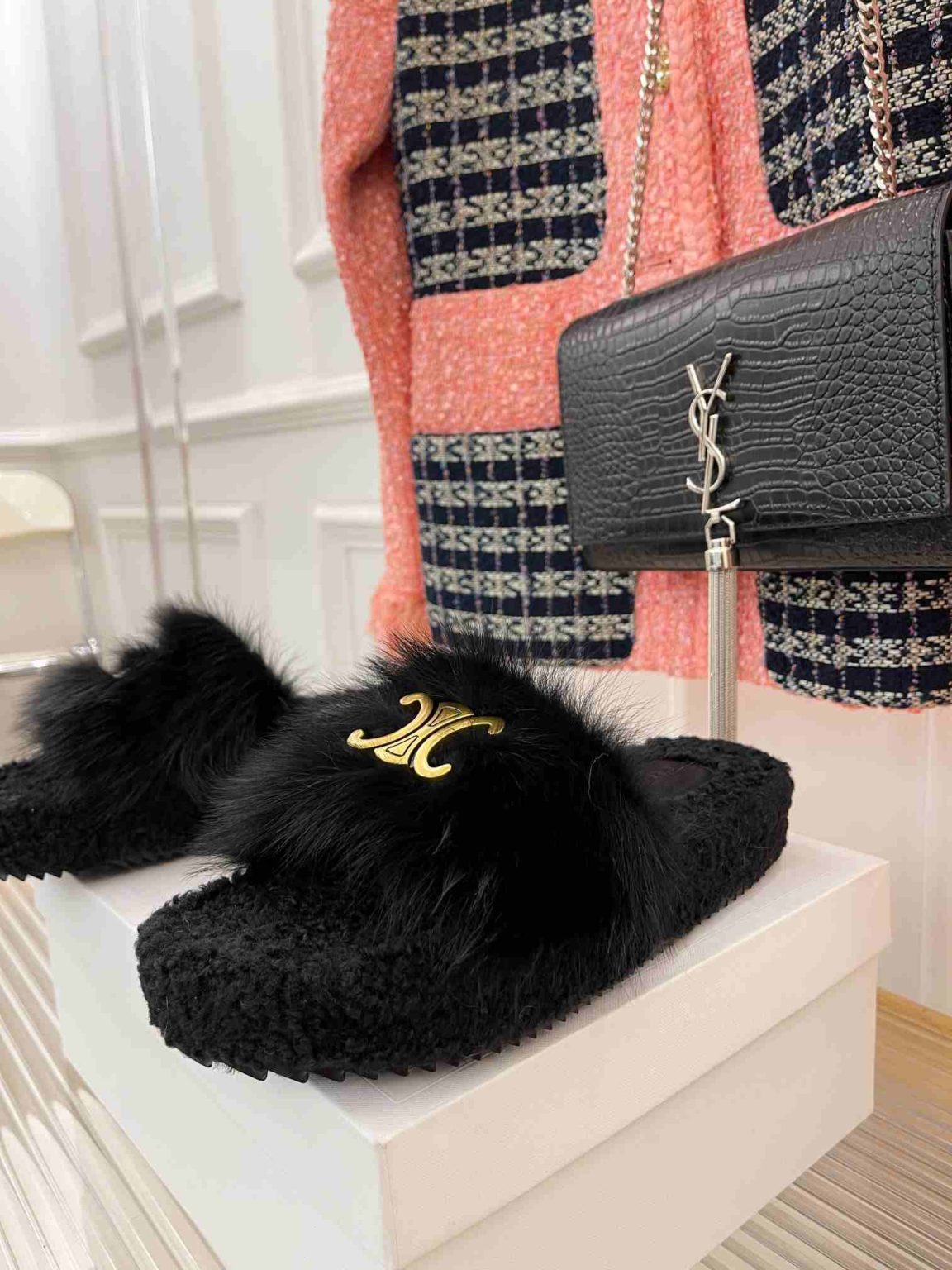 Celine Clea Triomphe Slide With Fur Black For Women