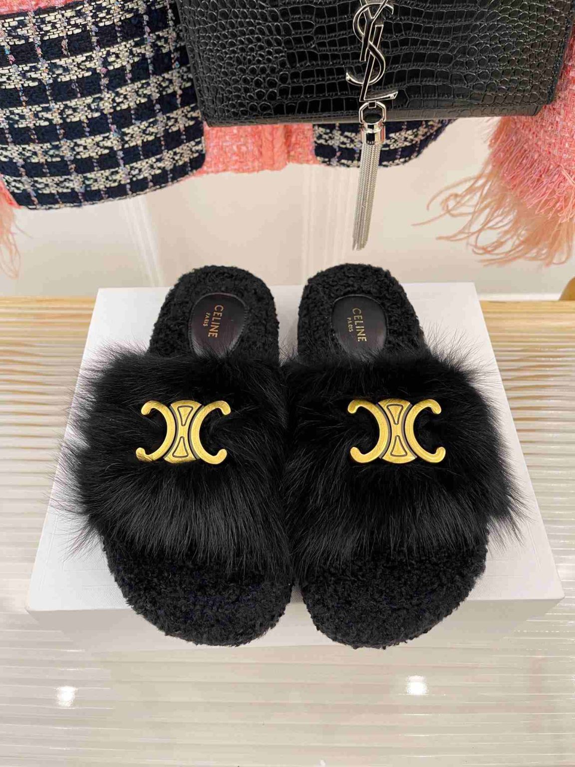 Celine Clea Triomphe Slide With Fur Black For Women