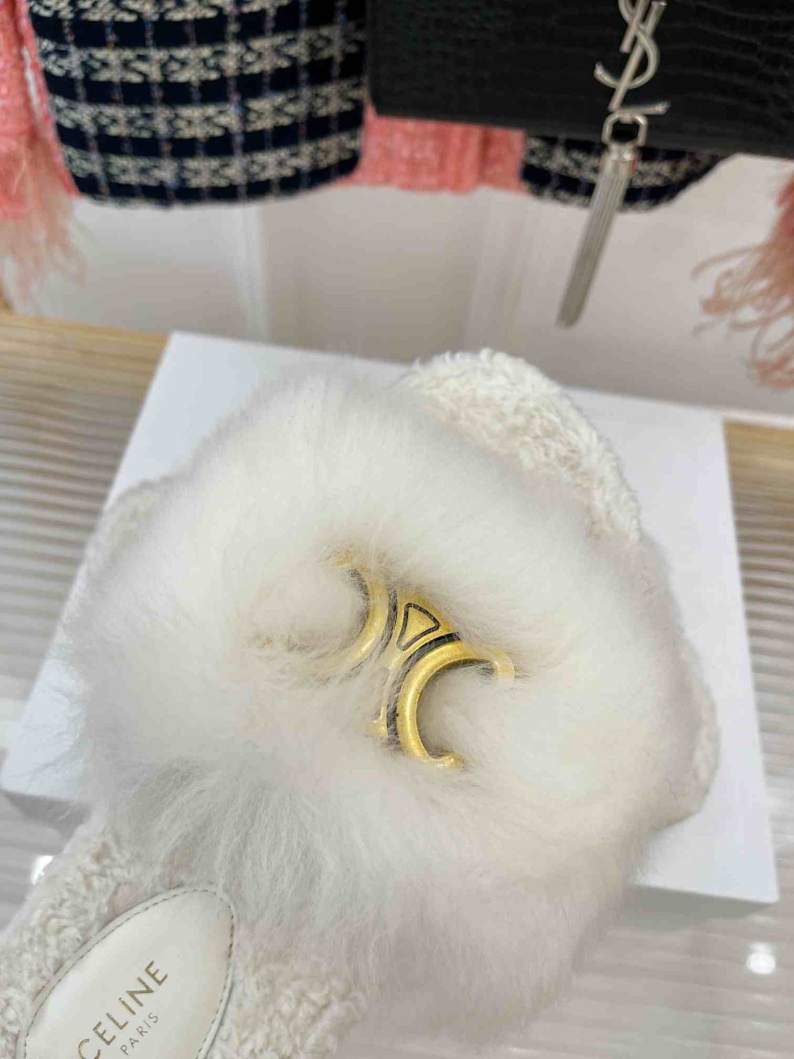 Celine Clea Triomphe Slide With Fur White For Women