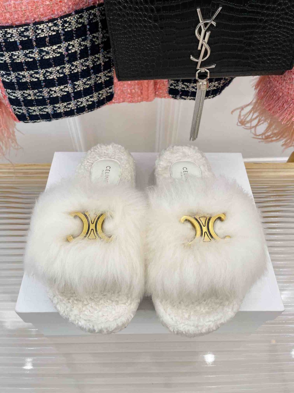 Celine Clea Triomphe Slide With Fur White For Women