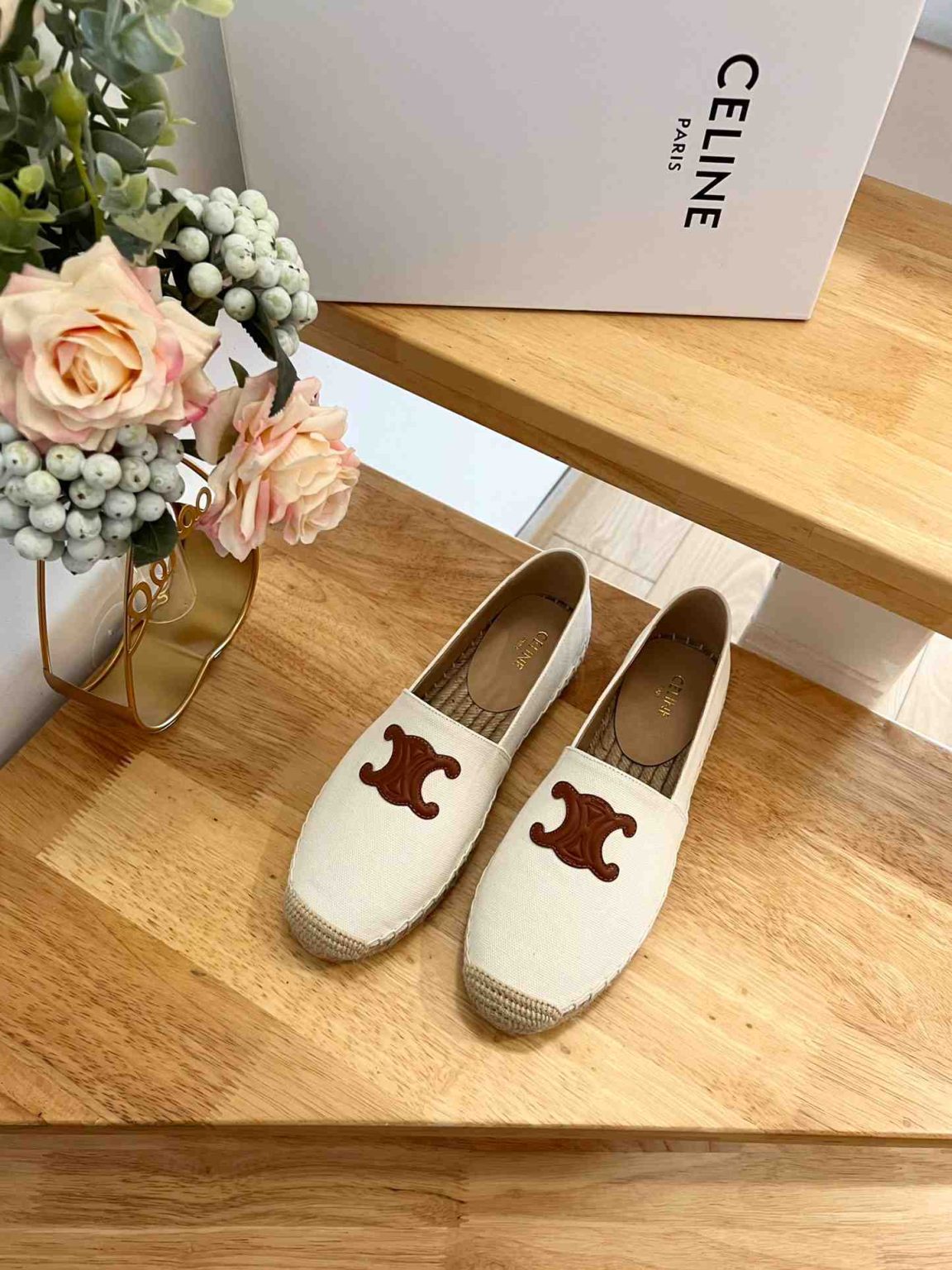 Celine Flat Espadrille With Triomphe Patch Signature In Tweed White For Women 354432278C.01CR