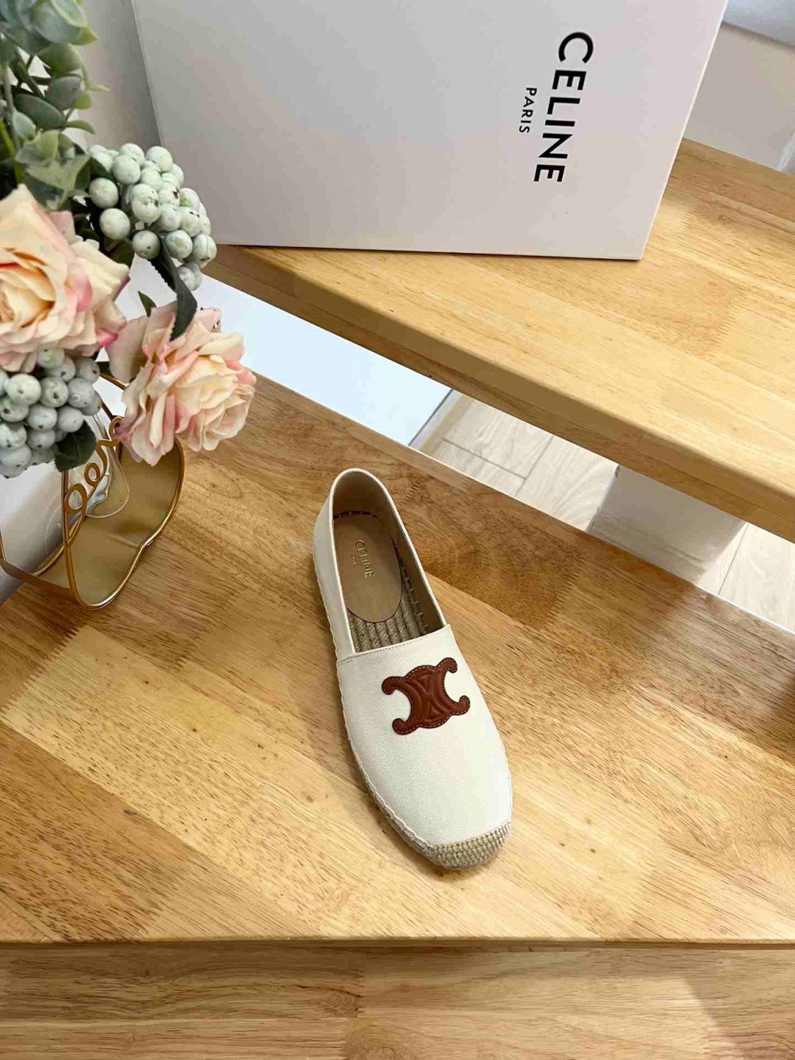 Celine Flat Espadrille With Triomphe Patch Signature In Tweed White For Women 354432278C.01CR