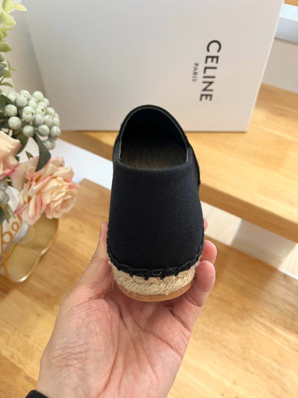 Celine Flat Espadrille With Triomphe Patch Signature In Tweed Black For Women