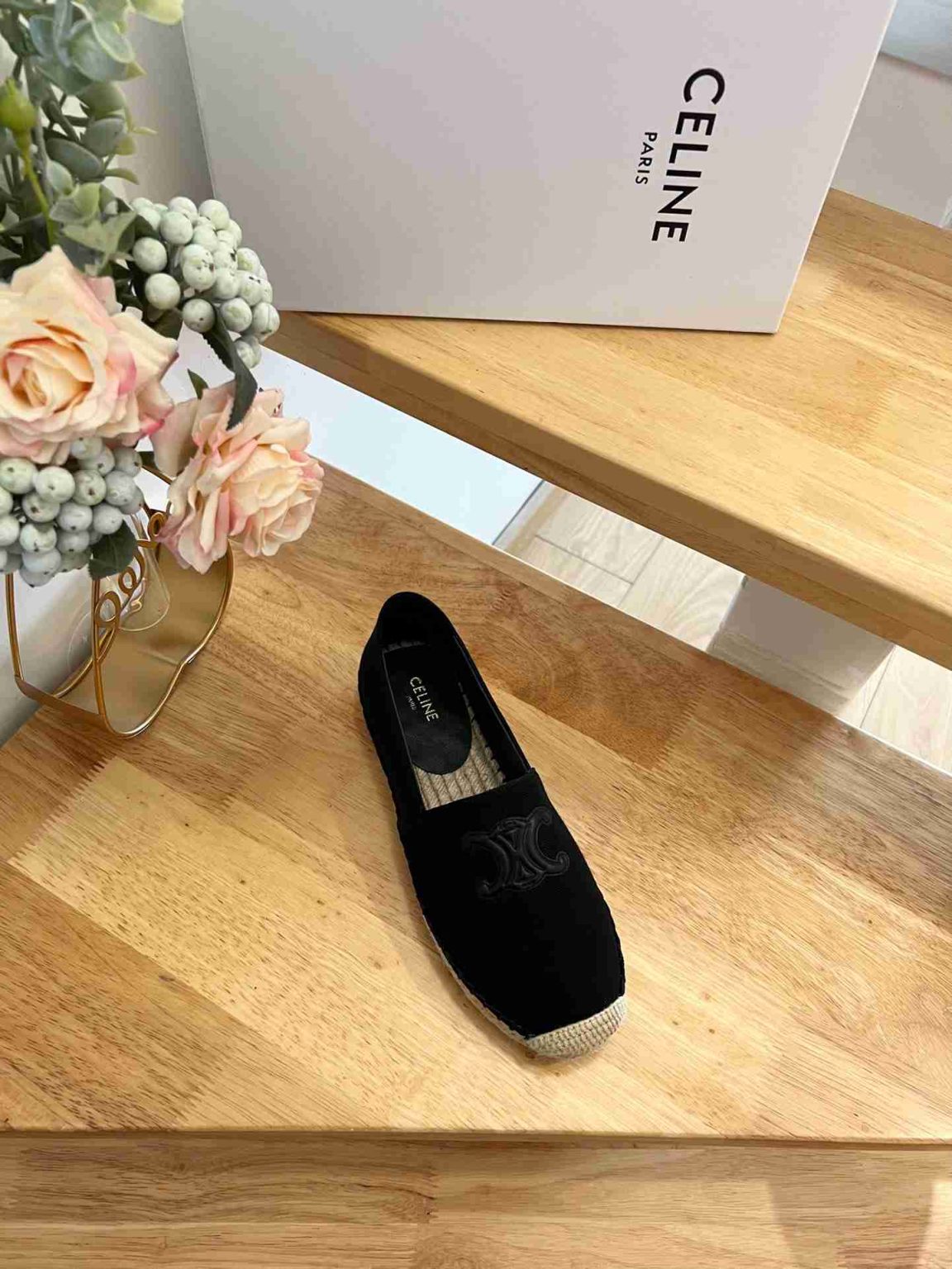 Celine Flat Espadrille With Triomphe Patch Signature In Tweed Black For Women