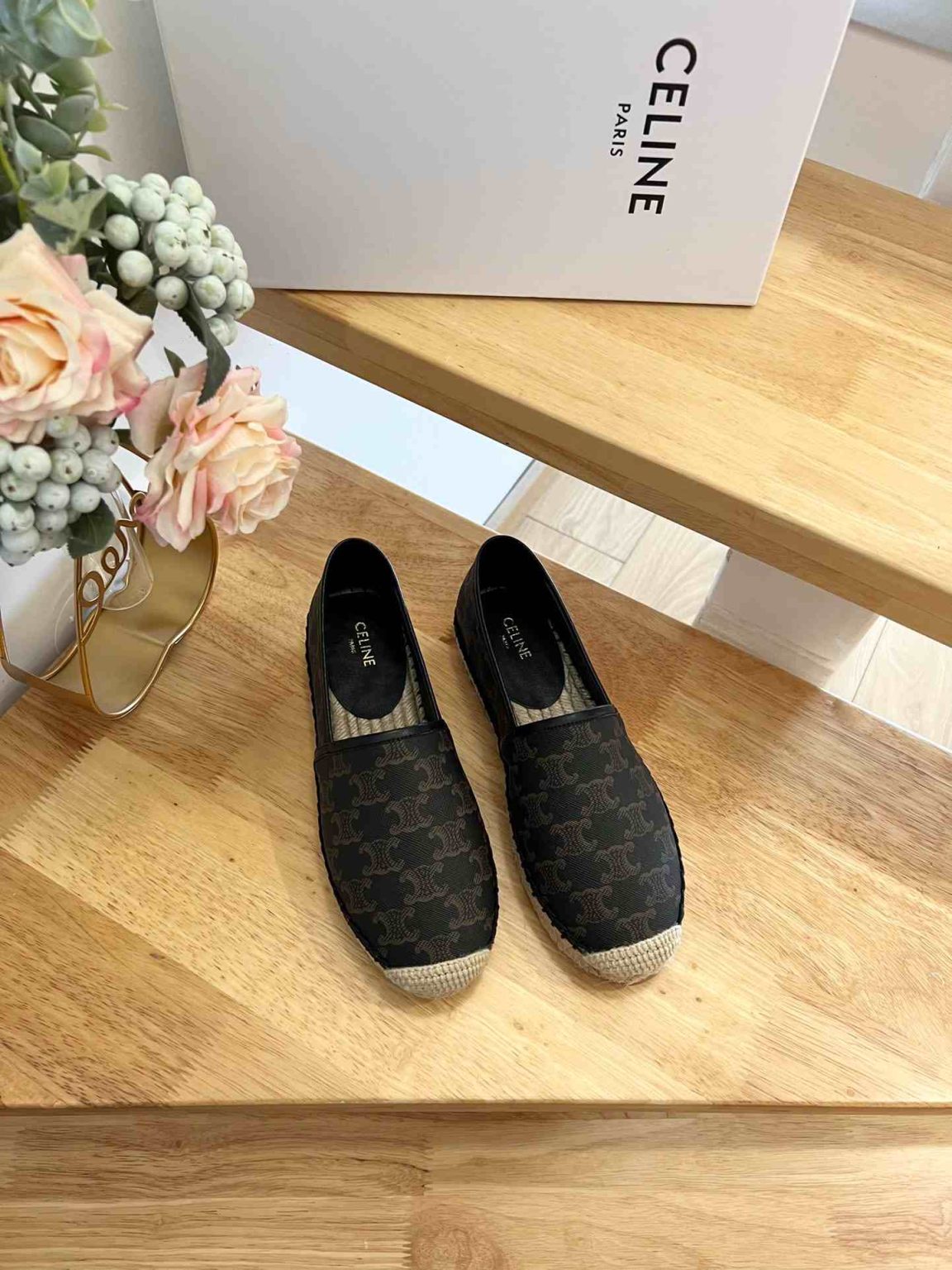 Celine Flat Espadrille With Triomphe Signature In Triomphe Canvas Black And Brown For Women