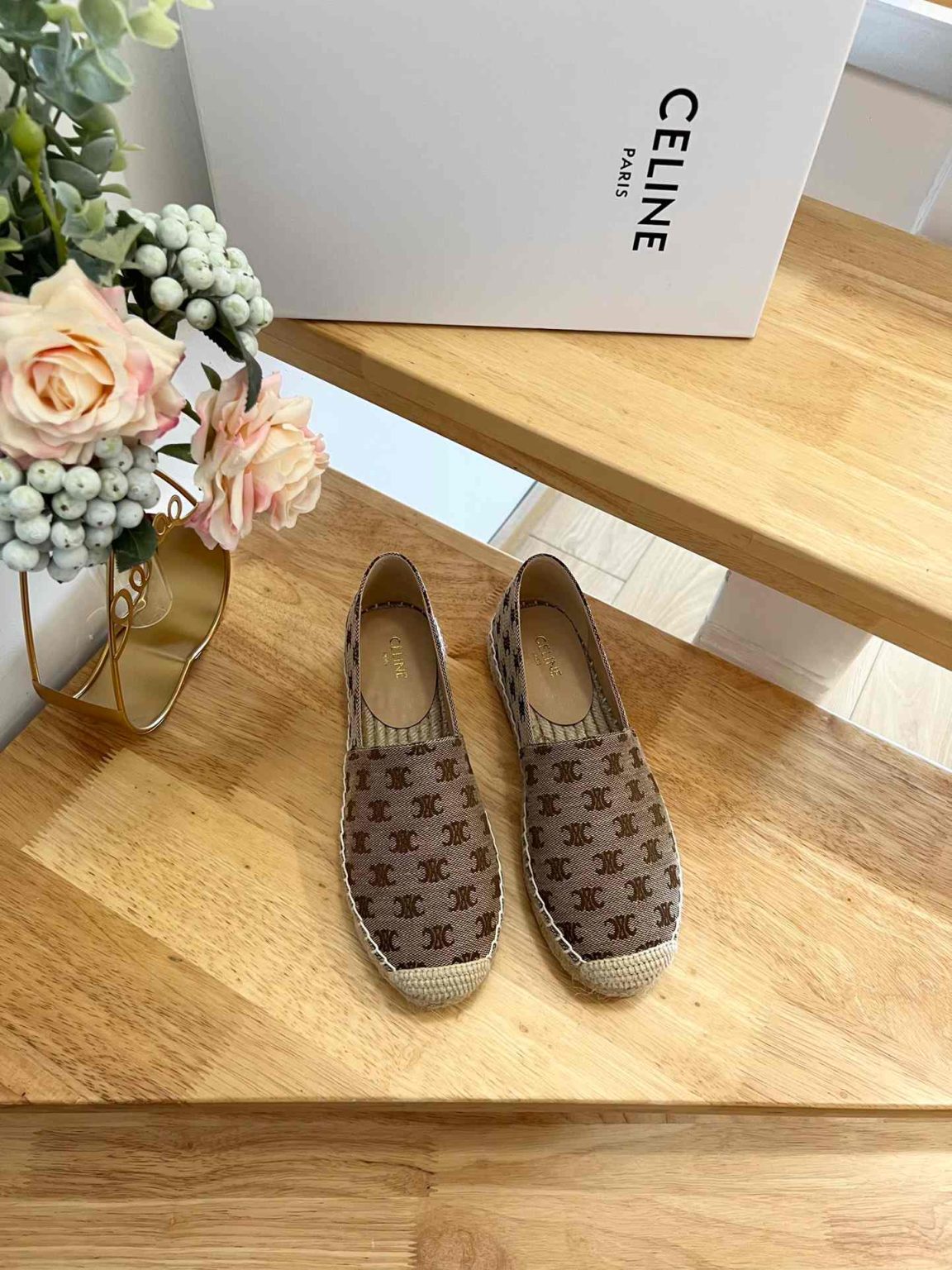 Celine Flat Espadrille With Triomphe Signature In Triomphe Canvas Brown For Women