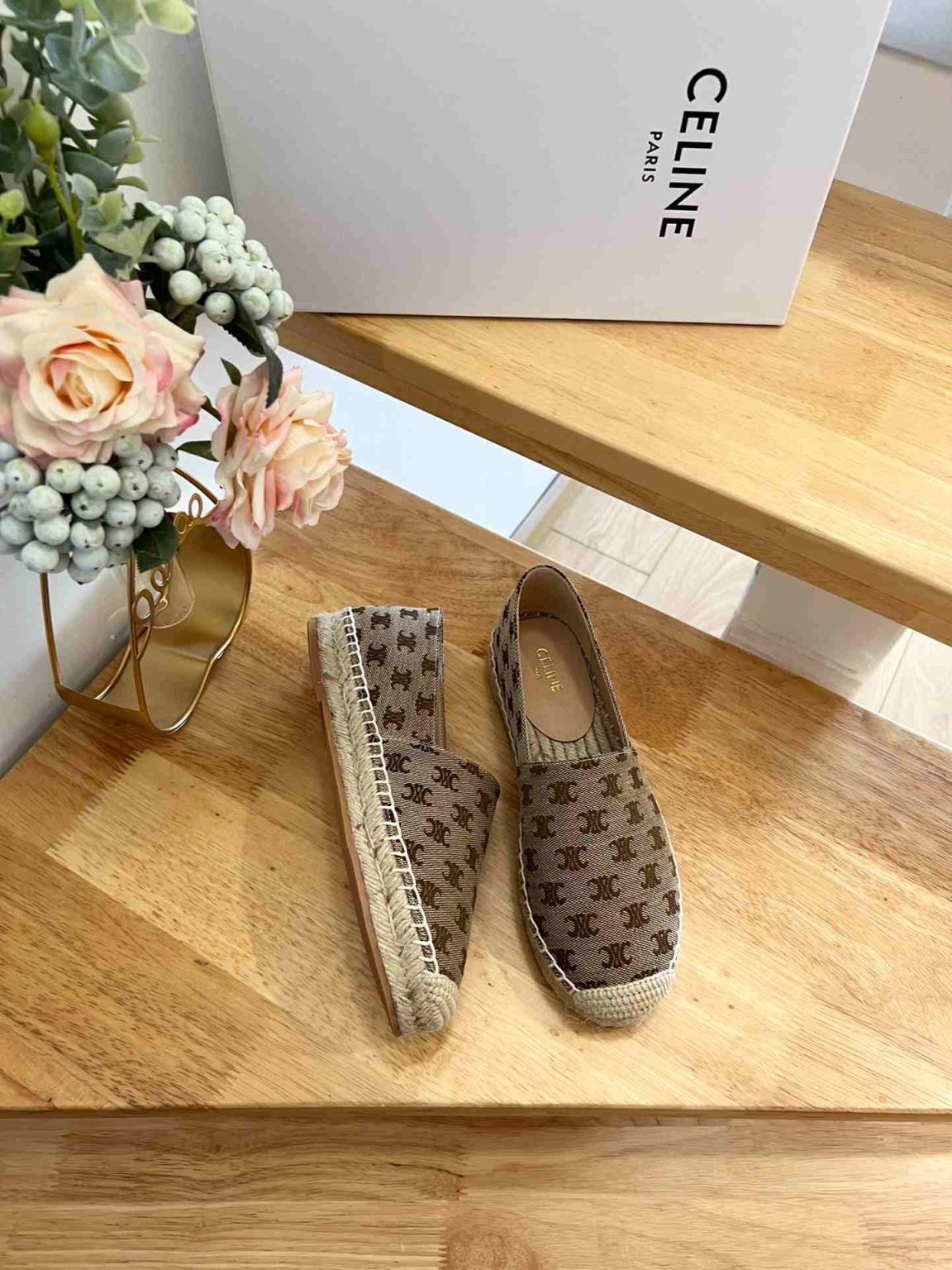 Celine Flat Espadrille With Triomphe Signature In Triomphe Canvas Brown For Women