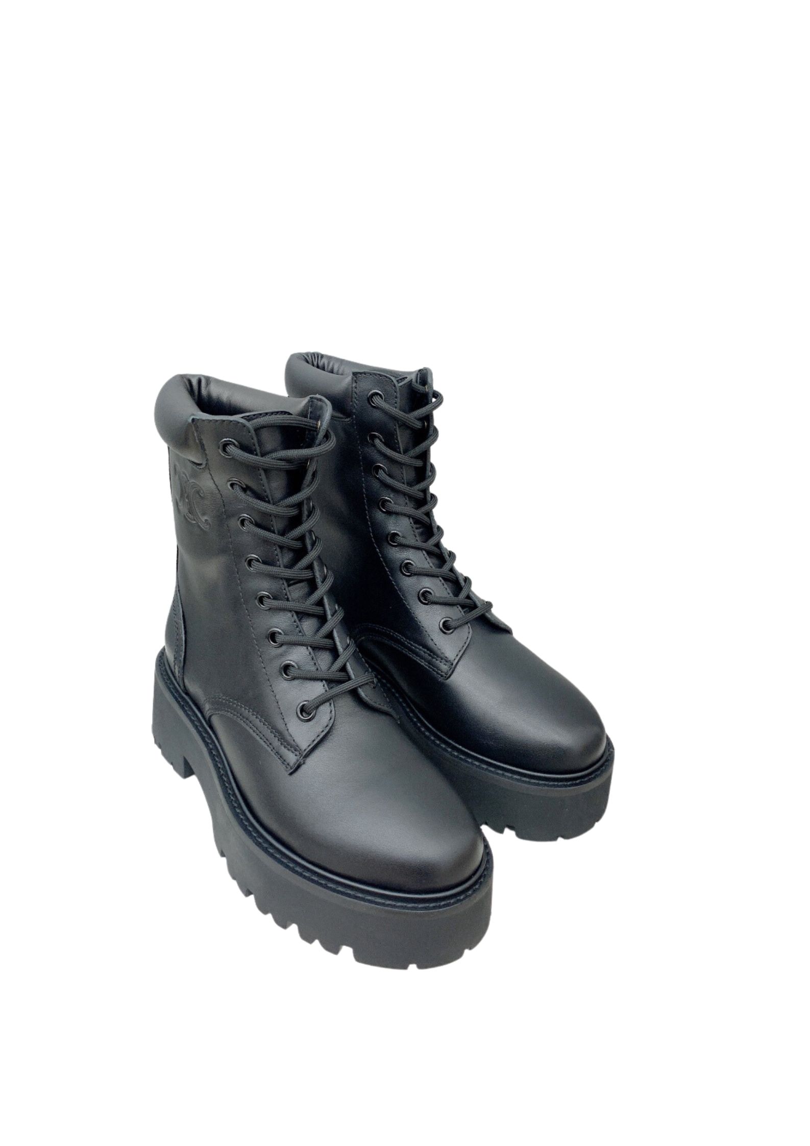 Celine Lace-Up Boot With Triomphe Celine Bulky Black For Women